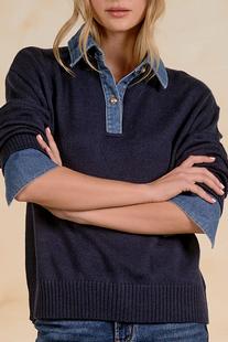 Elan Women's Collared Sweater with Denim Trim Alternate View